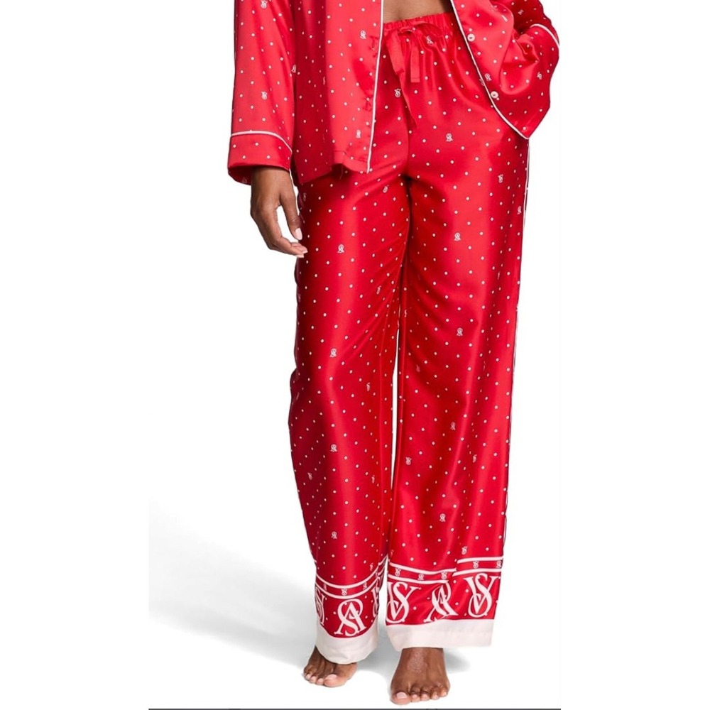 Victorias Secret Red Polka‎ Dot Logo Satin Pajama Pants Wide Leg XXL NWT Xmas